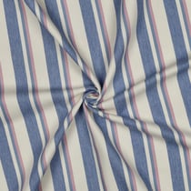 Tissu Jeans Denim fil teinté Chloé Rayures bleu et rose sur fond Ecru