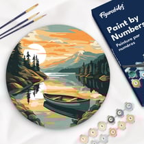 Peinture par Numéro sur disque en bois Figured'Art - Lac de montagne et canoë - Kit de Loisir Créatif DIY Numéro d'Art Complet - 30cm de diamètre