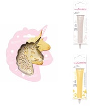 Kit pour biscuit en relief Licorne + 2 Stylos au chocolat blanc et jaune pastel