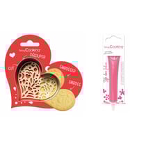 Kit pour biscuit en relief Coeur + Stylo au chocolat fuchsia