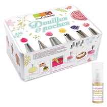 Coffret 6 douilles pâtissières inox et poches jetables + 1 poudre irisée dorée