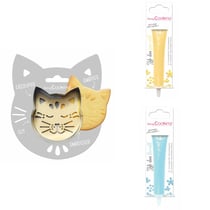 Kit pour biscuit en relief Chat + 2 Stylos au chocolat jaune pastel et bleu pastel