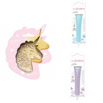 Kit pour biscuit en relief Licorne + 2 Stylos au chocolat bleu pastel et lilas
