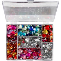 Pierres de strass en boîte, cercle, étoile, coeur, d 6+7+9+10+11+12+14+16 mm, bleu, rose, argent, 300 pièces/ 1 Pq.