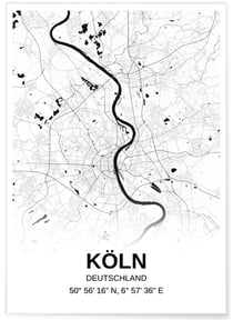 Affiche carte Köln - rectangle Noir et Blanc | A3 : 29,7x42cm