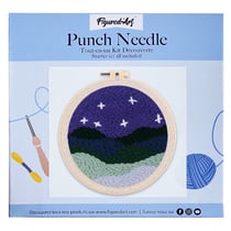 Figured'Art Punch Needle Kit Complet pour Adultes et Enfants - Paysage sous les Etoiles - Parfait pour Débutant. Set prêt à broder taille 20x20cm avec cadre circulaire