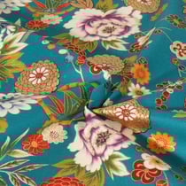 Tissu coton imprimé motifs floraux Japonais sur fond Bleu turquoise