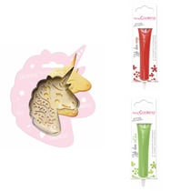 Kit pour biscuit en relief Licorne + 2 Stylos au chocolat rouge et vert clair