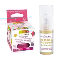Colorant alimentaire Rose foncé + Poudre alimentaire irisée dorée