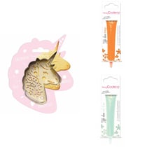 Kit pour biscuit en relief Licorne + 2 Stylos au chocolat orange et vert d'eau