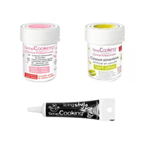 2 colorants alimentaires vert citron-rose poudré + Stylo glaçage noir