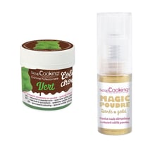 Colorant alimentaire liposoluble Color'choco 5 g vert + Poudre alimentaire irisée dorée