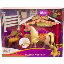 Coffret spirit : l'ecurie avec cheval articule beige et poulain brun - 10 accessoires - mattel