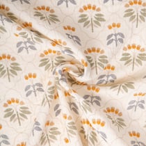 Tissu Double gaze de Coton Sevigne fleuris vert et orange sur fond Ecru