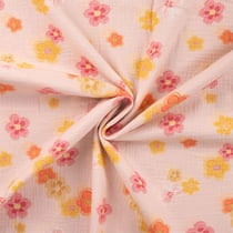 Tissu Double gaze de Coton Digital Fleurs jaunes et roses sur fond Saumon - Au mètre