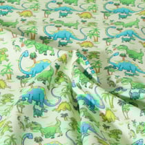 Tissu Coton imprimé Dinoland animaux sur fond Vert pâle