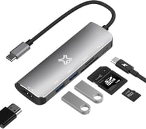 Hub Xtrememac USB-C - 6 ports - USB-C PD, USB-A 3.0, HDMI 4K, SD/Micro - Structure aluminium légère et solide - Silver