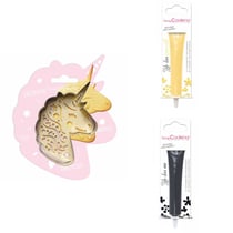 Kit pour biscuit en relief Licorne + 2 Stylos au chocolat jaune pastel et noir