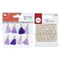 8 pompons bleu-violet-mauve + Ficelle dorée & blanche 15 m