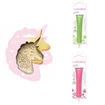 Kit pour biscuit en relief Licorne + 2 Stylos au chocolat vert clair et fuchsia