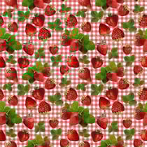 Tissu Coton imprimé Rayures rouge et fraises sur fond Blanc