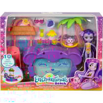 Coffret enchantimals sunshine beach : piscine en forme de singe + poupee et animal - figurine 15 cm - 10 pieces - mattel htw73