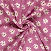 Tissu Double gaze de Coton Gérone fleurs Blanc sur fond Rose