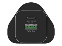 PORT Connect Chargeur Mural GaN USB-C Power Delivery™ & USB-A Quick Charge 45W avec câble type C 2 mètres Noir Prise UK