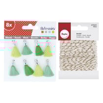 8 pompons verts + Ficelle dorée & blanche 15 m