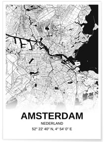 Affiche carte Amsterdam - rectangle Noir et Blanc | A3 : 29,7x42cm