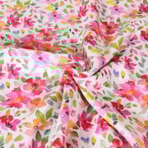 Tissu Viscose Digital imprimé Fleurs roses, rouges et oranges sur fond Blanc
