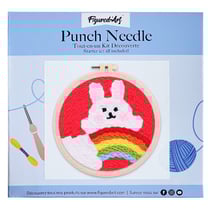 Figured'Art Punch Needle Kit Complet pour Adultes et Enfants - Lapin et Arc en Ciel - Parfait pour Débutant. Set prêt à broder taille 20x20cm avec cadre circulaire