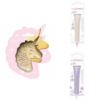 Kit pour biscuit en relief Licorne + 2 Stylos au chocolat blanc et lilas