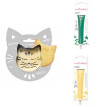 Kit pour biscuit en relief Chat + 2 Stylos au chocolat vert et jaune pastel