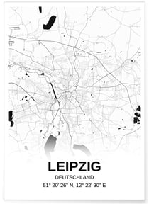 Affiche carte Liepzig - rectangle Noir et Blanc | A3 : 29,7x42cm