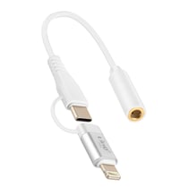 LinQ Adaptateur Audio Jack 3.5mm Femelle vers Lightning et USB C Mâle Blanc