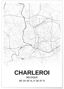 Affiche carte Charleroi - rectangle Noir et Blanc | A3 : 29,7x42cm