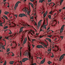 Tissu Double gaze de Coton Matelassé Elea fleurs Mauve réversible sur fond Vieux rose