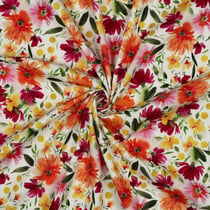 Tissu Viscose stretch Digital Mélodie fleurs Orange sur fond Blanc cassé