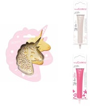 Kit pour biscuit en relief Licorne + 2 Stylos au chocolat blanc et fuchsia