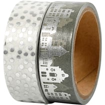 Ruban adhésif Washi Tape, maisons et points - film, L : 15 mm, argent, 2x4 m/ 1 Pq.