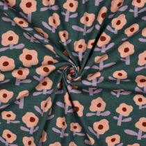 Tissu Jersey cotêlé Bio Jennifer Bouron fleurs Saumon sur fond Vert foncé