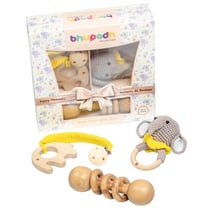 Coffret de 3 hochets en coton et bois naturel