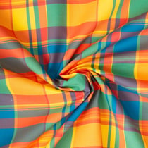 Tissu Madras Coton Carreaux orange, bleu et vert sur fond Jaune