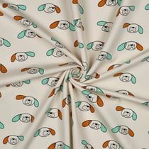 Tissu Sweat léger Bio Jennifer Bouron chiens Orange et Vert sur fond Naturel