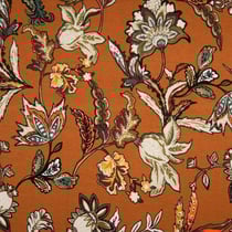 Tissu Jersey Viscose imprimé Fleurs kaki et orange sur fond Brique - Au mètre