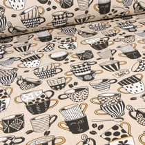 Tissu Toile de Coton Café time sur fond Naturel
