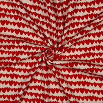 Tissu Jersey cotêlé Bio Poppy petits coeurs Rouge sur fond Naturel