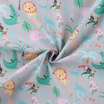 Tissu Imperméable Animaux Jungle sur fond Gris - Au mètre
