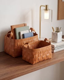 Lot de 2 Paniers de Rangement Marron Doré en Cuir PU Fait Main avec Poignées Boîtes d'Etagères Style Design Retro